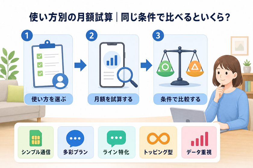 3〜4段階のステップ図：使い方別の月額試算｜同じ条件で比べるといくら