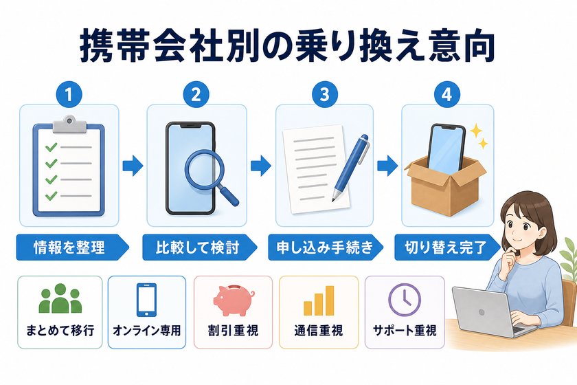 3〜4段階のステップ図:携帯会社別の乗り換え意向