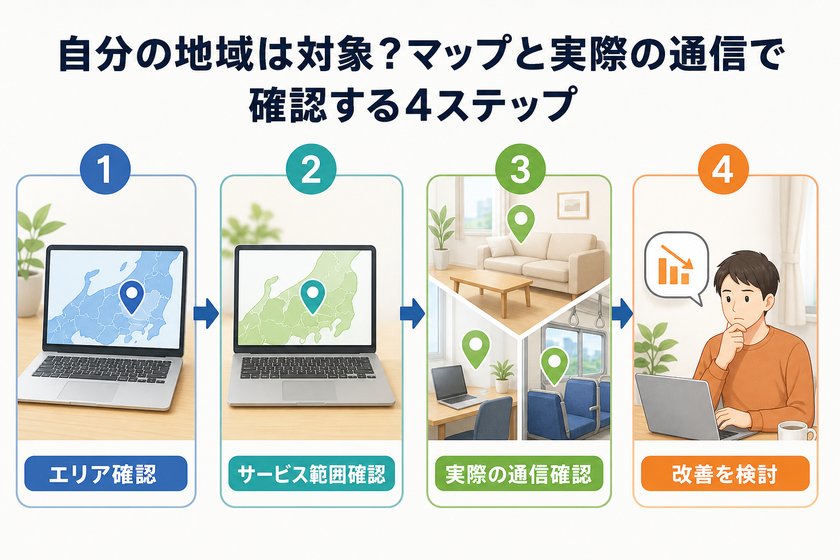 3〜4段階のステップ図:自分の地域は対象?マップと実際の通信で確認する4ステップ