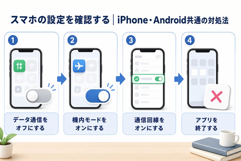 3〜4段階のステップ図:スマホの設定を確認する|iPhone・Android共通の対処法