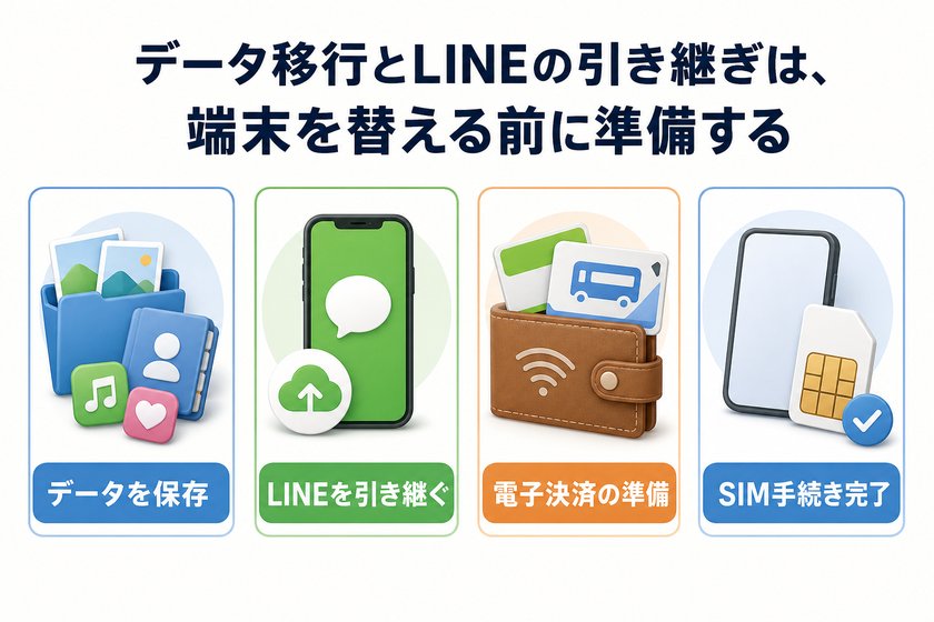 構成図:データ移行とLINEの引き継ぎは、端末を替える前に準備する