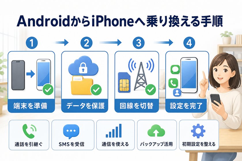 3〜4段階のステップ図:AndroidからiPhoneへ乗り換える手順